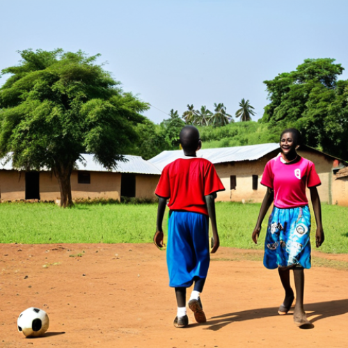 A vibrant scene of Ugandan youth, fully clothed in modest athletic wear, joyfully playing football on a dusty, sun-drenched community field in a rural Ugandan village. A diverse group of locals, also fully clothed in appropriate attire, observe from the sidelines with smiles and engagement, capturing the essence of vibrant energy and community spirit. The background features simple village homes and lush green trees under a clear blue sky. Professional photography, realistic, high detail, natural light, perfect anatomy, correct proportions, natural pose, well-formed hands, proper finger count, natural body proportions, safe for work, appropriate content, family-friendly.