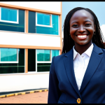 ** A Ugandan businesswoman in a modern, fully clothed business suit, smiling confidently in front of a Kampala office building. Natural pose, professional attire, perfect anatomy, safe for work, appropriate content.

**