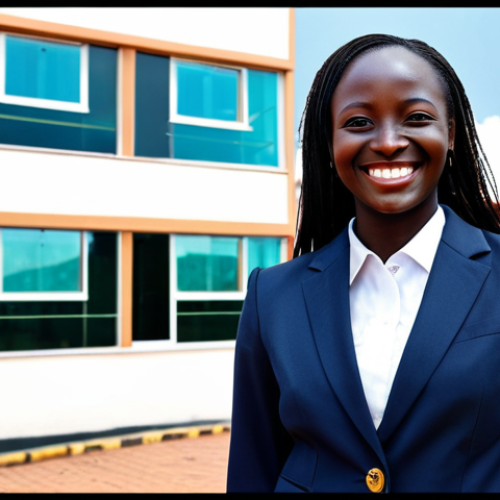 ** A Ugandan businesswoman in a modern, fully clothed business suit, smiling confidently in front of a Kampala office building. Natural pose, professional attire, perfect anatomy, safe for work, appropriate content.

**