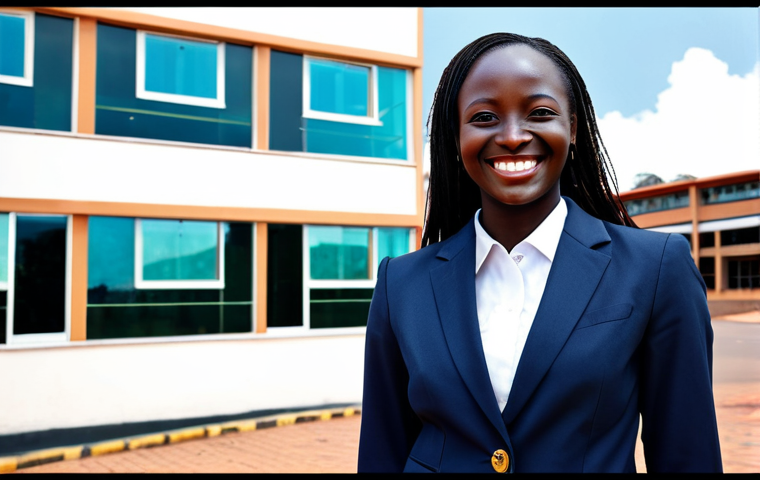** A Ugandan businesswoman in a modern, fully clothed business suit, smiling confidently in front of a Kampala office building. Natural pose, professional attire, perfect anatomy, safe for work, appropriate content.
**